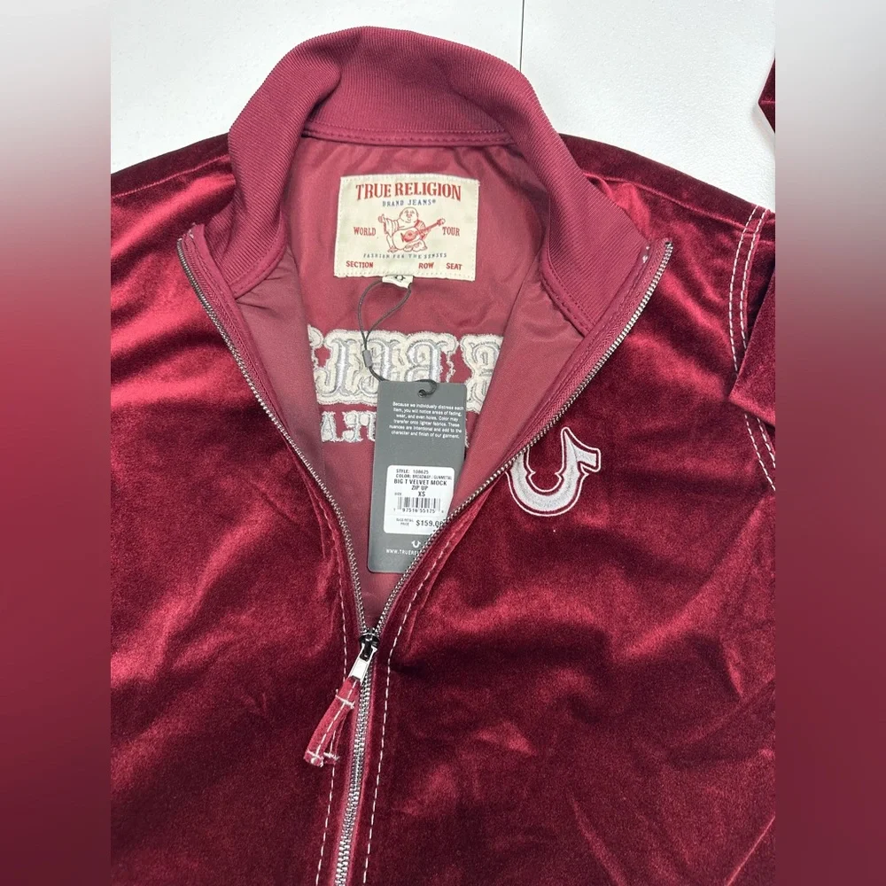 True Religion Jacket Mens XS Burgundy Velvet Big T Mock Zip Up Broadway Gunmetal